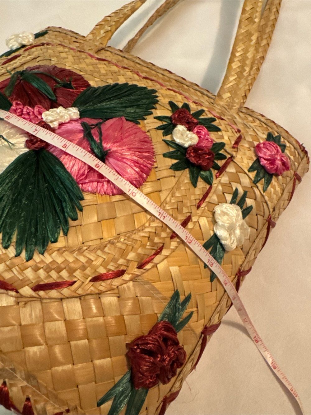 Straw Tote with Pink, Green & White Floral Embroidery - Picture 7 of 11